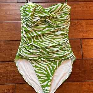 Anne Cole Convertible Strapless Ruched One Piece Green Zebra Swimsuit Size 12